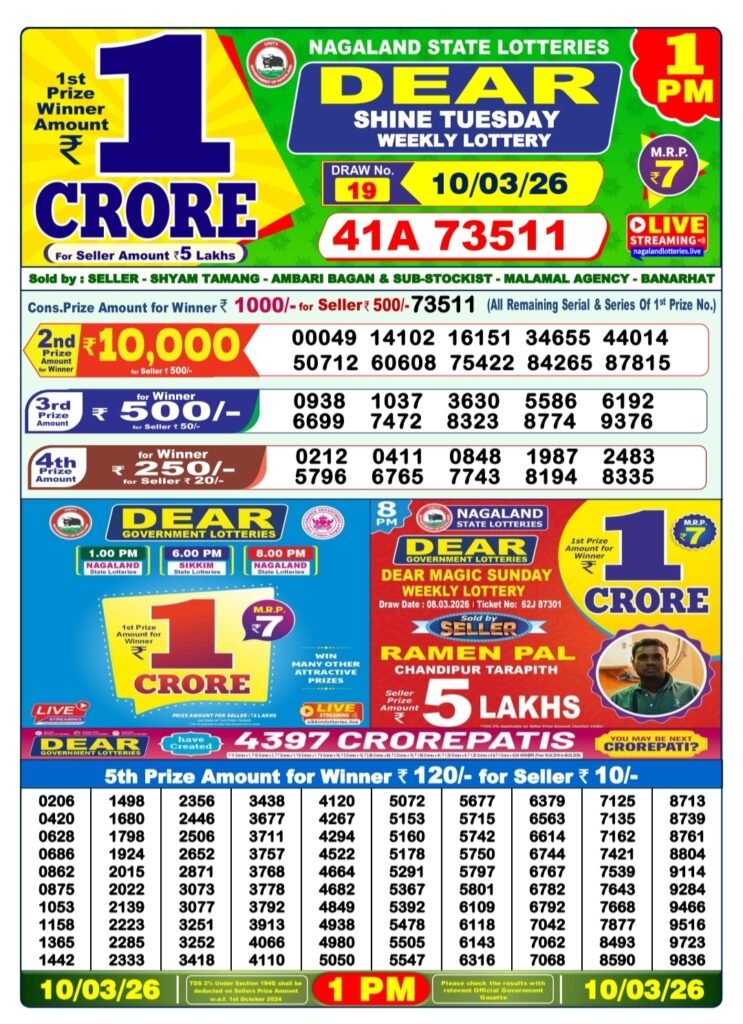 Nagaland State Dear Lottery Sambad Result Today 1 PM 10 March 2026
