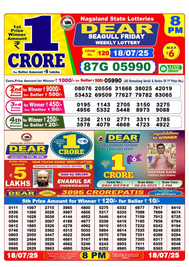 Dear Lottery Result Today 18 July 2025 - 8 PM