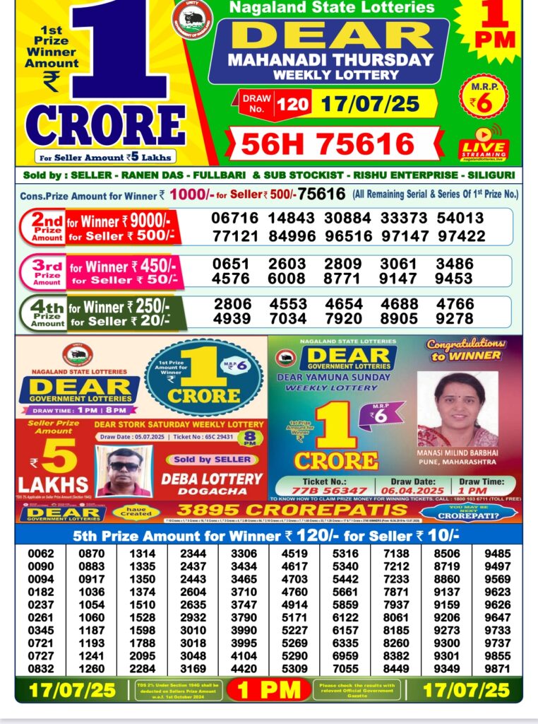 Dear Lottery Result Today 1 PM 17 July 2025