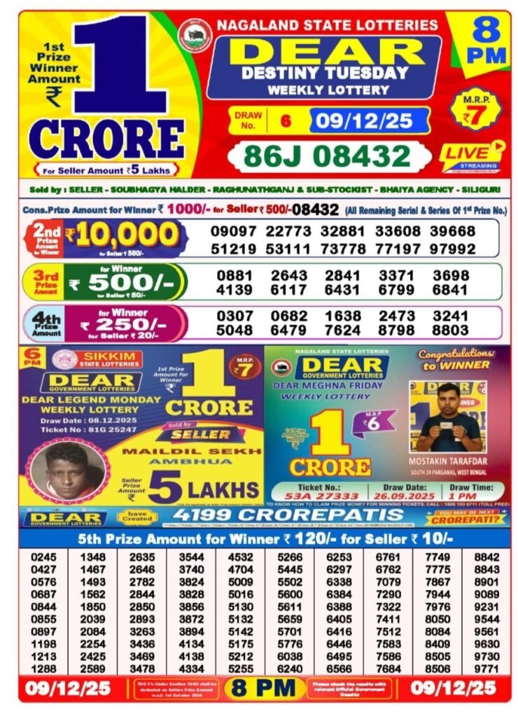 Nagaland State Lotteries – Dear Goose Tuesday Weekly Lottery Results – 8 PM