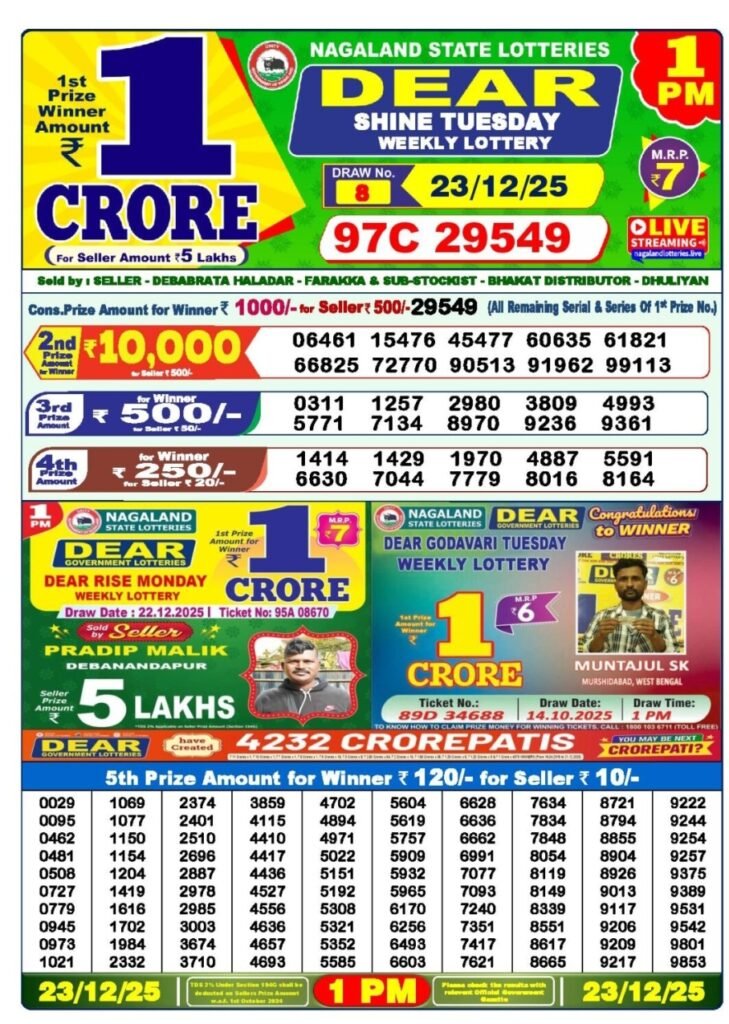 Nagaland State Lotteries – Dear Godavari Tuesday Weekly Lottery Results – 1 PM