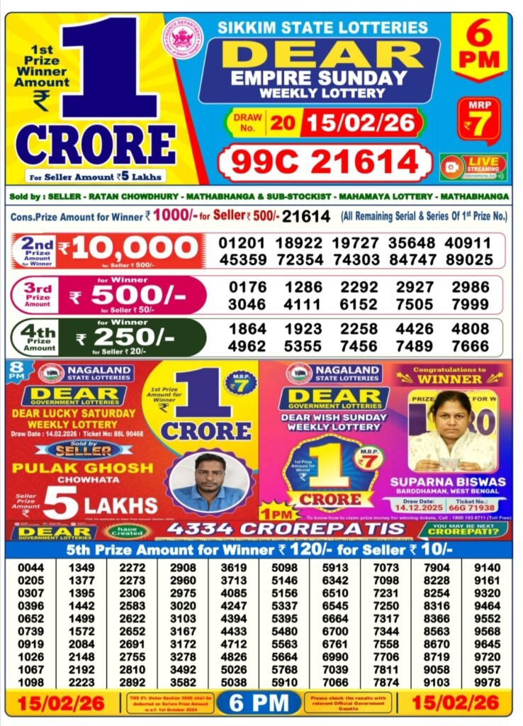 Sikkim State Lotteries – Dear Empire Sunday Weekly Lottery Results – 6 PM