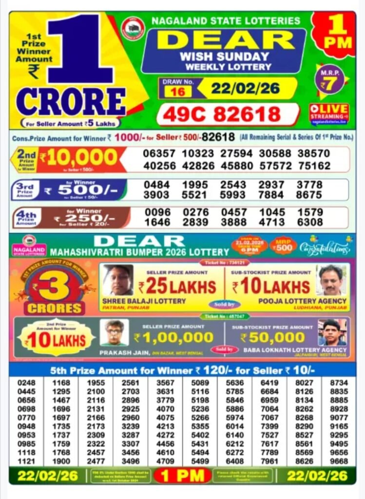 Nagaland State Lotteries – Dear Yamuna Sunday Weekly Lottery Results – 1 PM