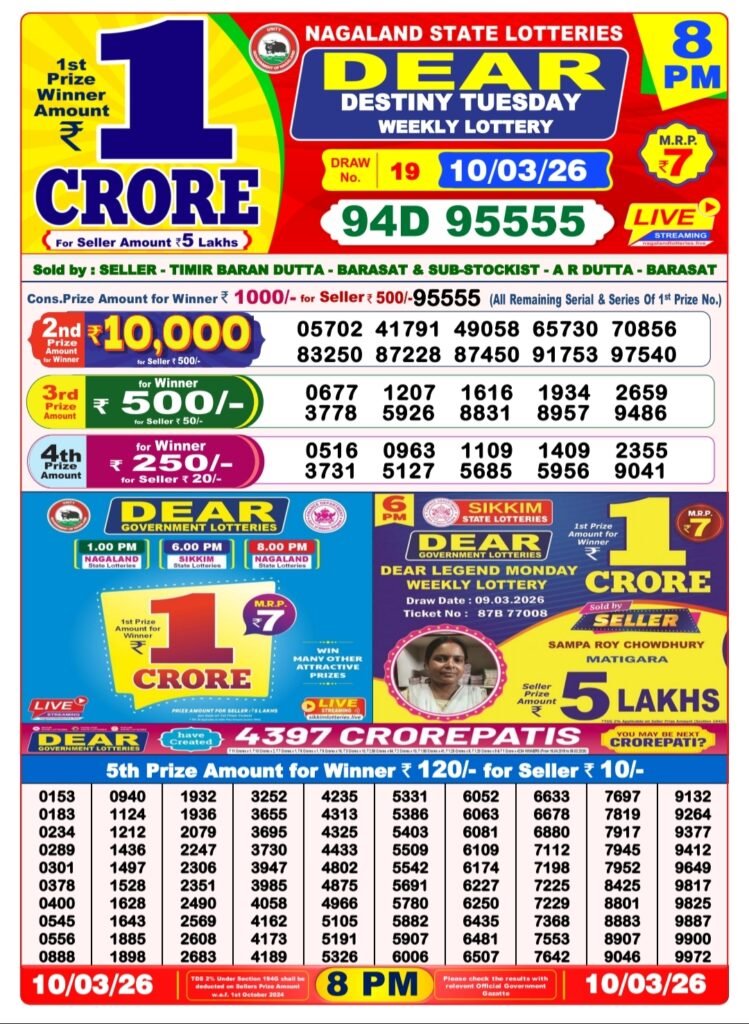 Nagaland State Dear Lottery Sambad Result Today 8 PM 10 March 2026
