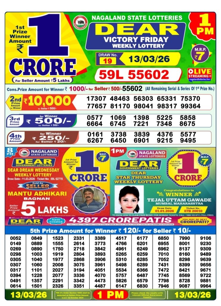 Nagaland State Dear Lottery Sambad Result Today 1 PM 13 March 2026