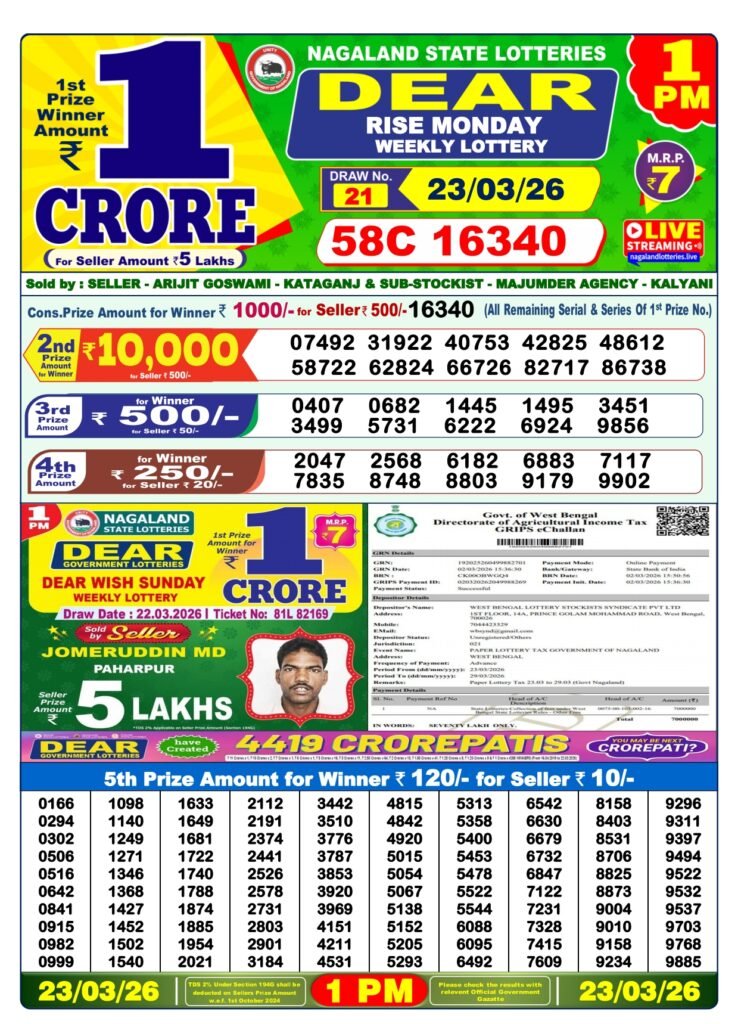 Nagaland State Dear Lottery Sambad Result Today 1 PM 23 March 2026