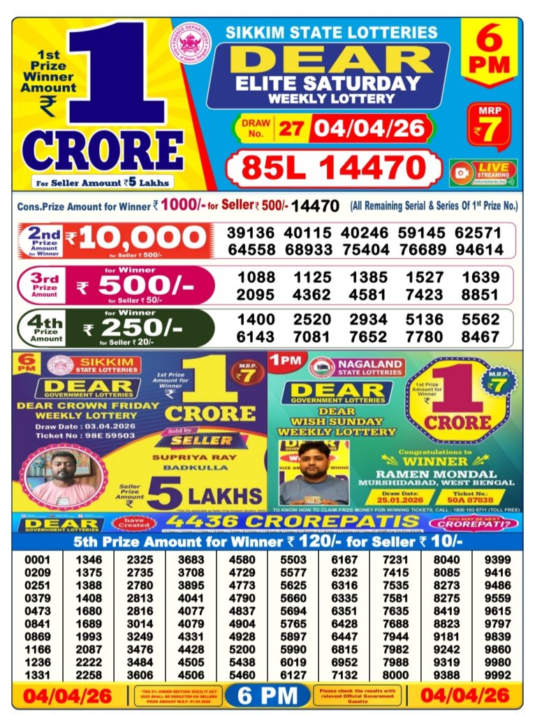 Nagaland State Dear Lottery Sambad Result Today 6 PM 4 April 2026