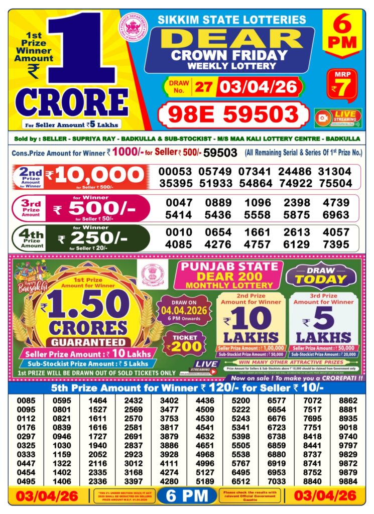 Nagaland State Dear Lottery Sambad Result Today 6 PM 3 April 2026
