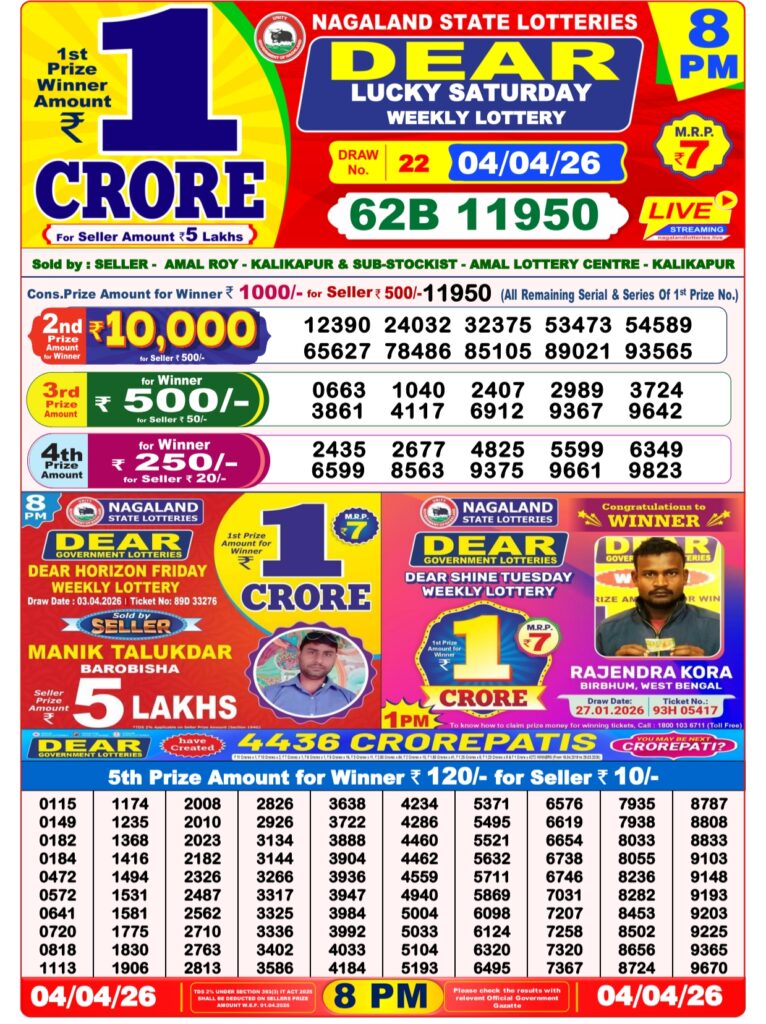 Nagaland State Dear Lottery Sambad Result Today 8 PM 4 April 2026